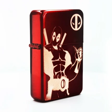 Metallic Ruby Red Metal Flip-Top Petrol Lighter – Custom Engraved "Deadpool / Merc With A Mouth" Edition (Refillable) | Wholesale