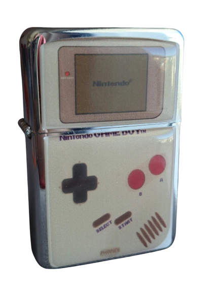 Retro 90s Handheld Console Style Metal Flip-Top Petrol Lighter (Polished Chrome & Domed Graphic Plate) – Wholesale Export
