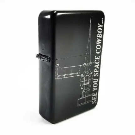 Matte Black Metal Flip-Top Petrol Lighter – Laser-Engraved "See You Space Cowboy..." Swordfish II Edition (Refillable) | Wholesale Export